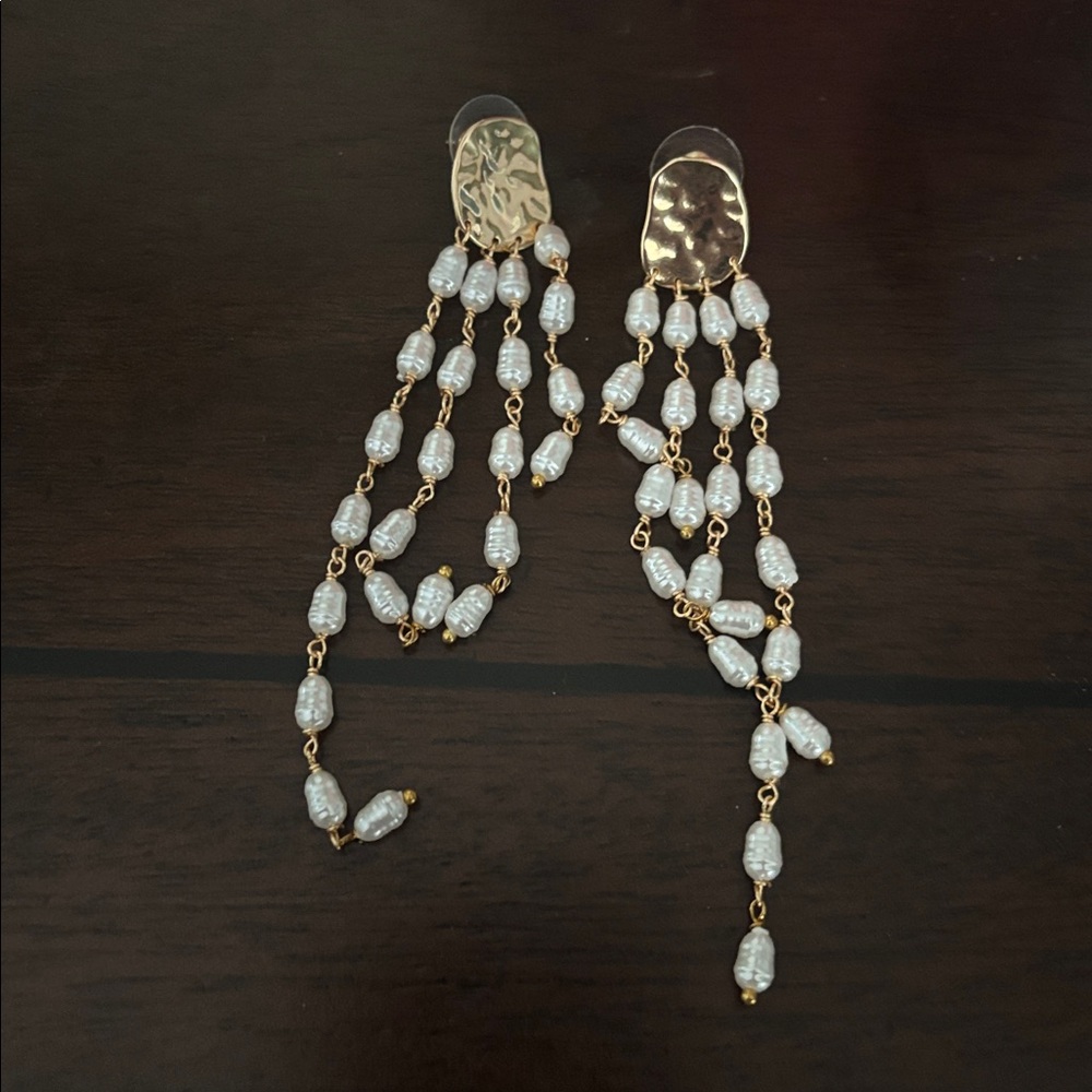 Anthropologie Cascading Pearl Fringe Drop Earrings, Gold